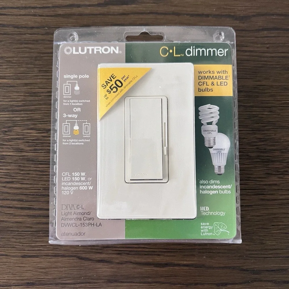 Lutron DVWCL-153PH-LA 150W Dimmer‎ Switch with Wallplate - Light Almond NEW